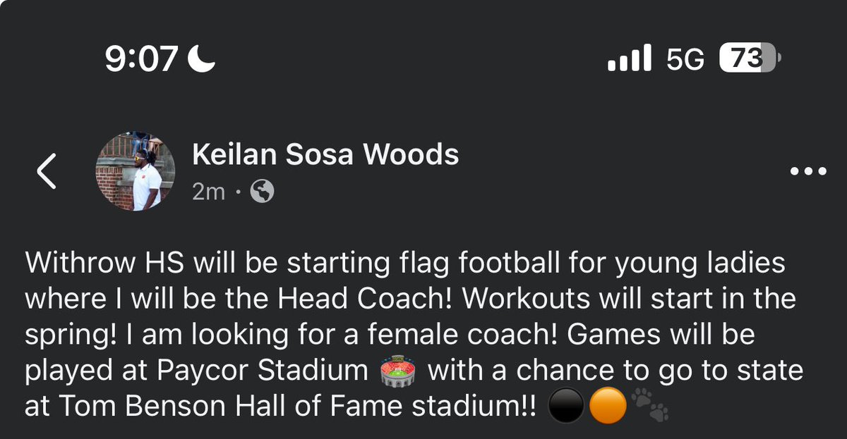 Sosa_migo59's tweet photo. Withrow HS will be starting a flag football team for our young ladies where I will be the Head Coach starting in the spring ⚫️🟠🐾 #Flagfootball #GirlsHS https://t.co/gTK4iuzn9N