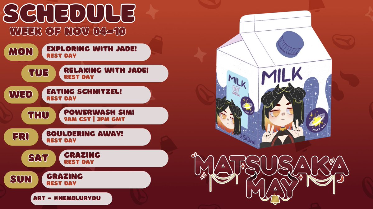 Very light schedule this week because I'm still on vacation! However, I still wanna yap with y'all so tomorrow I'll be trying to finish up the Shrek DLC in PowerWash Simulator! If you're not there, you're STINKY! #ENVtuber #VtuberUprising