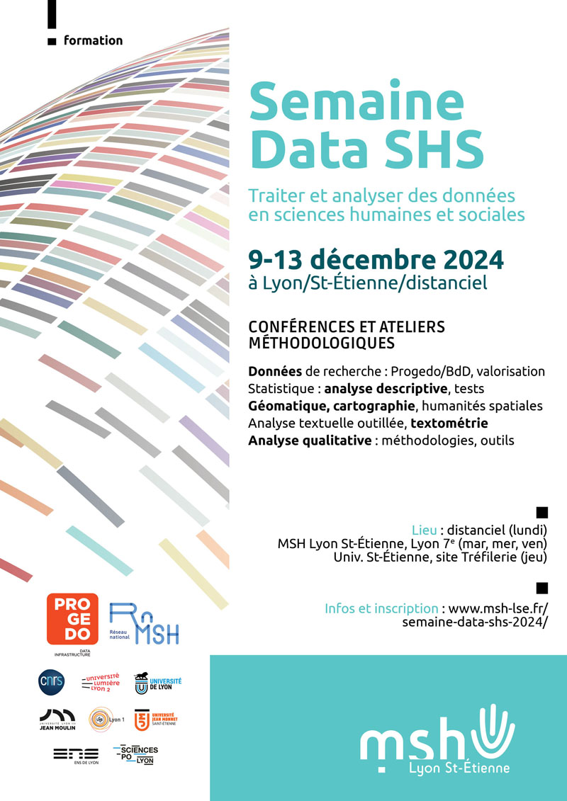 #SemaineDataSHS | 9-13 déc 2024. Traiter &amp; analyser des données #shs. Présentations &amp; ateliers méthodologiques : #données de recherche, #datapapers, analyse descriptive, #cartographie, textométrie, méthodologies qualitatives. Programme &gt;&gt; msh-lse.fr/semaine-data-s… cc <a href="/progedo/">Progedo</a>