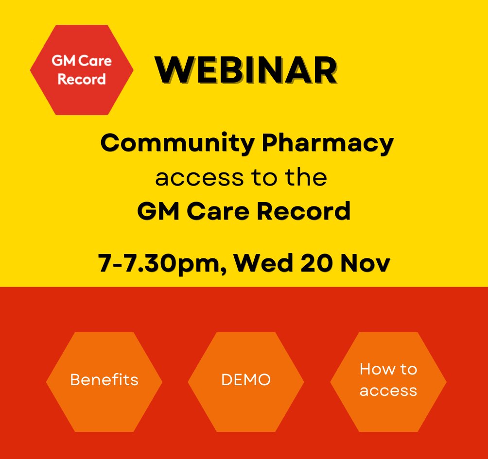 Work in #CommunityPharmacy and interested in learning more about the GM Care Record?

Join PCB chair, Luvjit Kandula, and Mike Crowther, HInM project manager, for a webinar to learn more about the benefits and how to access.

🗓️ Weds 20 Nov 7-7.30pm

🔗 bit.ly/3O31mIB