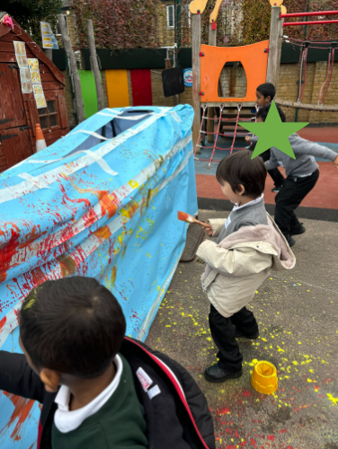 Reception are creating their own fireworks this week in the outdoor classroom. They have been changing the movement of their paint brushes to create different firework splashes. #EYFS