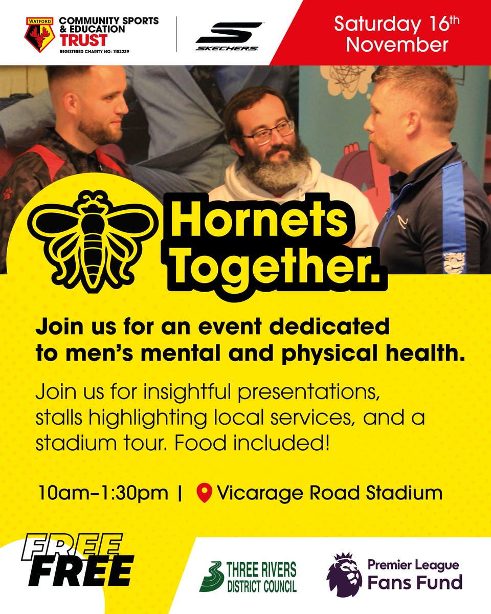 W3RT CVS Official (@cvsw3rt) on Twitter photo Join <a href="/WFCTrust/">Watford FC CSE Trust</a> and <a href="/ThreeRiversDC/">Three Rivers District Council</a> at Vicarage Road Stadium on Saturday 16th November for a FREE event dedicated to Men's mental & physical health.
See the attached poster for all the details.
#W3RTCVS #Watford #ThreeRivers #MensMentalHealth Join <a href="/WFCTrust/">Watford FC CSE Trust</a> and <a href="/ThreeRiversDC/">Three Rivers District Council</a> at Vicarage Road Stadium on Saturday 16th November for a FREE event dedicated to Men's mental & physical health.
See the attached poster for all the details.
#W3RTCVS #Watford #ThreeRivers #MensMentalHealth