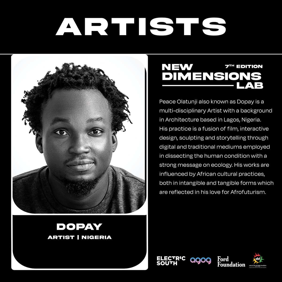 Meet Dopay 🇳🇬 Peace Olatunji also known as Dopay is a multi-disciplinary Artist with a background in Architecture based in Lagos, Nigeria. His practice is a fusion of film, interactive design, sculpting and storytelling.