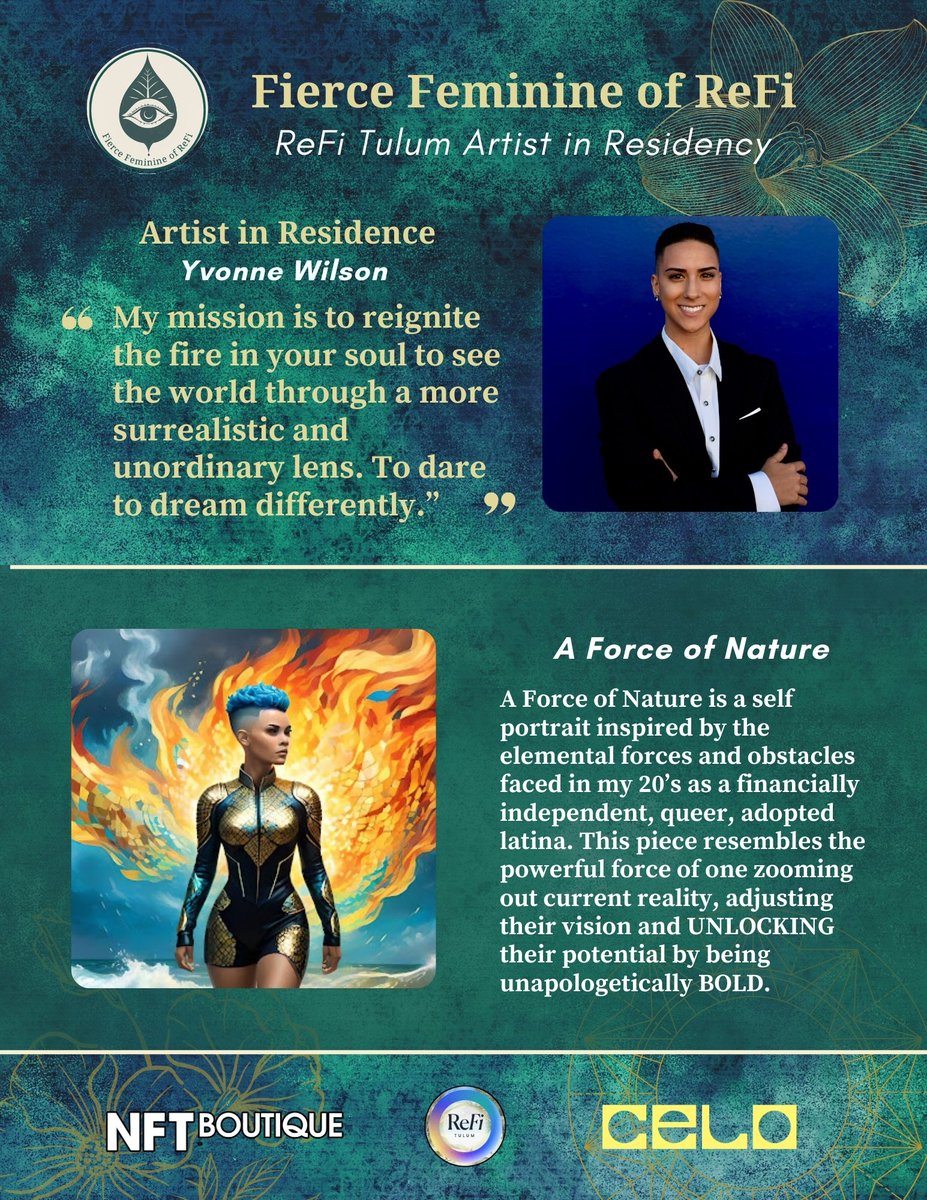 ReFi Tulum #GG23 🟢 (@refitulum) on Twitter photo As a featured Artist in Residency <a href="/yvonnenwilson/">Yvonne Wilson</a>'s mission is to reignite the power of your soul to see the world through an unordinary lens & dare to dream differently 💫🔥🏳️🌈
<a href="/Celo/">Celo.eth/acc 🦇 🌳</a> <a href="/LetsGROWdao/">Let’s GROW</a> <a href="/justinejade30/">🔸Justine Jade | Web3 Artist🔸</a> <a href="/FerreraSteph/">Step By Steph</a> <a href="/UnlockContent/">Unlockable Content - NFT Boutique</a> <a href="/TulumCryptoFest/">Tulum Crypto Fest</a>
celosphere.xyz/mint/CELO:0x34… As a featured Artist in Residency <a href="/yvonnenwilson/">Yvonne Wilson</a>'s mission is to reignite the power of your soul to see the world through an unordinary lens & dare to dream differently 💫🔥🏳️🌈
<a href="/Celo/">Celo.eth/acc 🦇 🌳</a> <a href="/LetsGROWdao/">Let’s GROW</a> <a href="/justinejade30/">🔸Justine Jade | Web3 Artist🔸</a> <a href="/FerreraSteph/">Step By Steph</a> <a href="/UnlockContent/">Unlockable Content - NFT Boutique</a> <a href="/TulumCryptoFest/">Tulum Crypto Fest</a>
celosphere.xyz/mint/CELO:0x34…