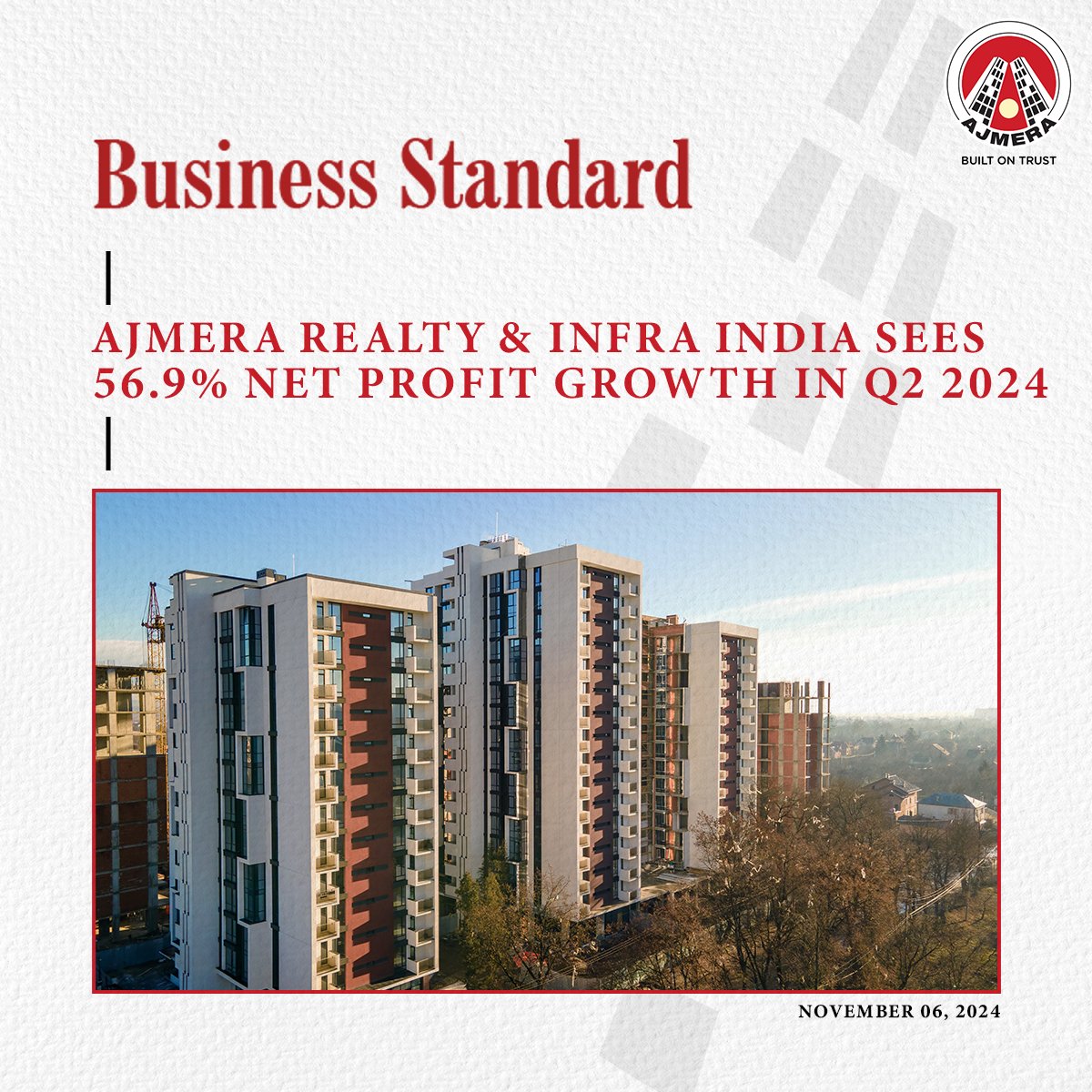 Ajmera Realty &amp; Infra India proudly announces a remarkable performance for the September 2024 quarter! 🚀 With a net profit surge of 56.90% to ₹35.35 crore and a sales increase of 37.58% to ₹199.96 crore, we continue to build a strong foundation for the future. 

#AjmeraRealty