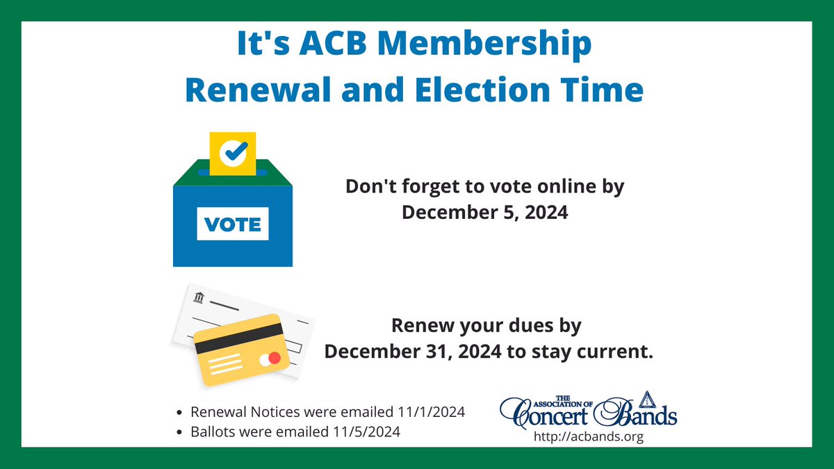 Attention Members:  It's time to renew your dues and vote in this year's election.  See you email for details.  #BandsofACB #PeopleofACB