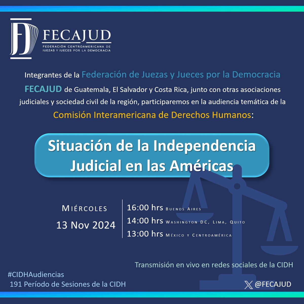 Vance Center for International Justice (@vancecenter) on Twitter photo 📢AUDIENCIA TEMÁTICA📢
Con integrantes de <a href="/FLAM_asociacion/">Federación Latinoamericana de Magistrados</a> y <a href="/FECAJUD/">FECAJUD</a> participaremos en una audiencia temática de la <a href="/CIDH/">CIDH - IACHR</a> #191PeríodoCIDH sobre la independencia judicial en las Américas⚖️
📆13 Nov
🕑14:00 DC/16:00 BsAs /13:00 CentAm
🎥Transmisión en vivo en redes de la CIDH 📢AUDIENCIA TEMÁTICA📢
Con integrantes de <a href="/FLAM_asociacion/">Federación Latinoamericana de Magistrados</a> y <a href="/FECAJUD/">FECAJUD</a> participaremos en una audiencia temática de la <a href="/CIDH/">CIDH - IACHR</a> #191PeríodoCIDH sobre la independencia judicial en las Américas⚖️
📆13 Nov
🕑14:00 DC/16:00 BsAs /13:00 CentAm
🎥Transmisión en vivo en redes de la CIDH