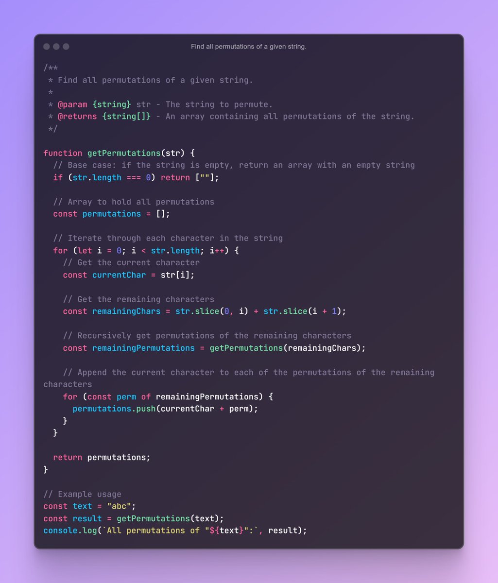 iamtazheeb's tweet image. ⚡Find all permutations of String.
📝 08/12 : String Interview Question(s):
🎯 Day 16 of 75 Days Coding Interview Question (JS)
#javascriptcode #web #javascript #programming #coding #javascriptdeveloper #interviewquestion #tazheeb #tazheeb_shamsi #coding_question
