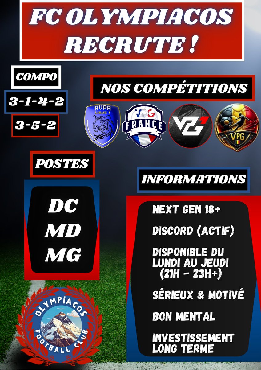 🔴𝗥𝗘𝗖𝗥𝗨𝗧𝗘𝗠𝗘𝗡𝗧🔵

Nous sommes toujours à la recherche de nouveaux joueurs pour renforcer notre équipe. 
N'hésitez pas ! Rejoignez l'équipe sur le terrain !👊

Un max de R/T🙏

🔥𝗙𝗖 𝗢𝗹𝘆𝗺𝗽𝗶𝗮𝗰𝗼𝘀🔥

#EAFC25 #EASports #EASportsFC #FC25 #EA <a href="/AgentDuCP/">Agent Du Club Pro</a> <a href="/RTduCP/">RT du Club Pro</a>
