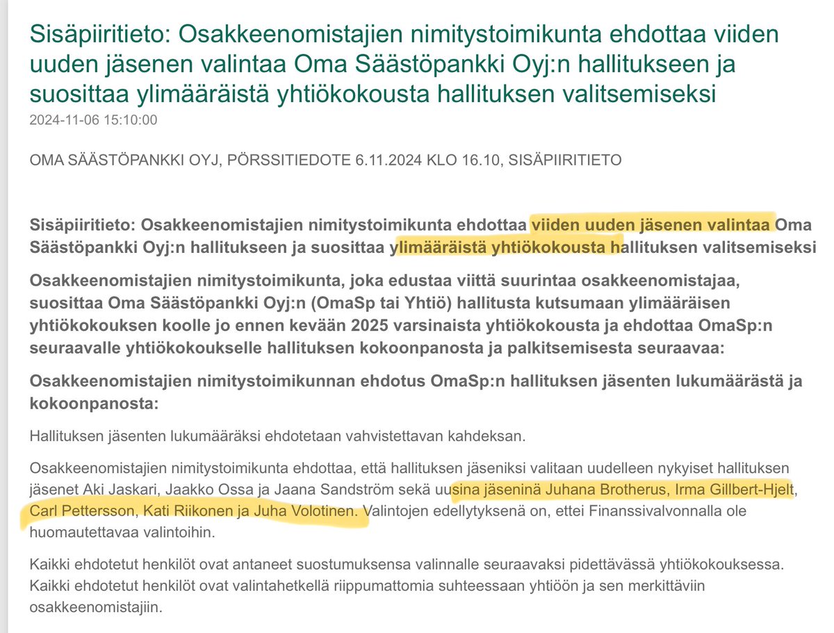 zijoittaja's tweet photo. #OmaSp hallituksen 5️⃣ uutta jäsentä. Eikä odoteta kevään yhtiökokousta vaan pidetään ylim. yhtiökokous. 

Aina kiire, kiire, kiire jonnekin on…#dadadadaadadaa 🎶 https://t.co/CyRIsmTCFw