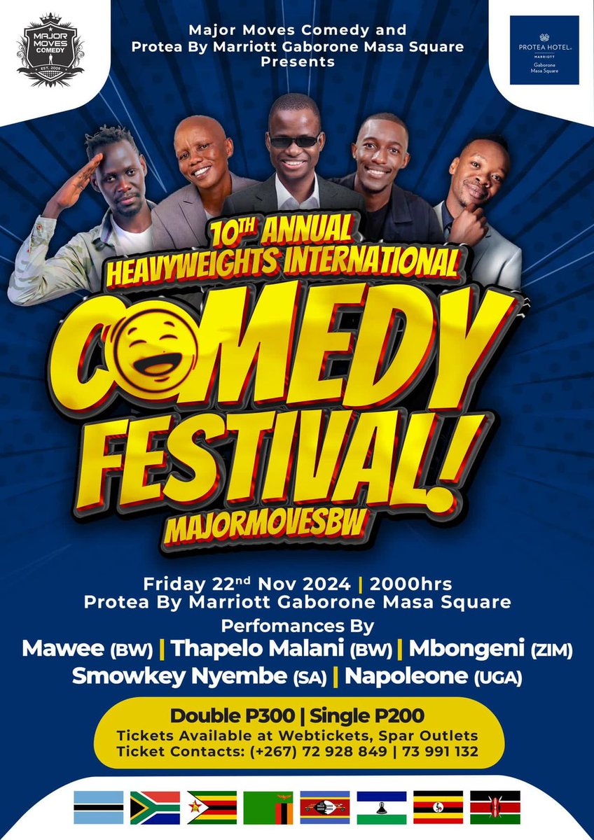 SibsMacd's tweet photo. 10th Annual #HICOFEST Fri 22 Nov at Protea By Marriott Gaborone Masa Square 🇧🇼 featuring international comedians from 🇸🇿🇧🇼 🇳🇦🇱🇸🇰🇪🇺🇬🇿🇦🇿🇲🇿🇼 Tickets available @ Webtickets  Botswana https://t.co/5VhltcoXKv