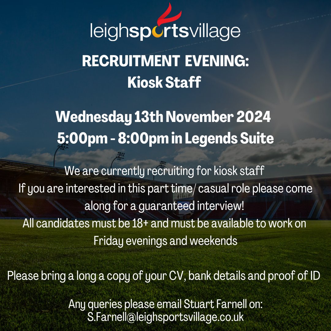 lsvstadium's tweet image. Join us for our kiosk recruitment evening tonight in our Legends Suite from 5:00pm-8:00pm 🌟

For more information please contact:
S.Farnell@leighsportsvillage.co.uk

#LSV #Recruitment #kioskstaff