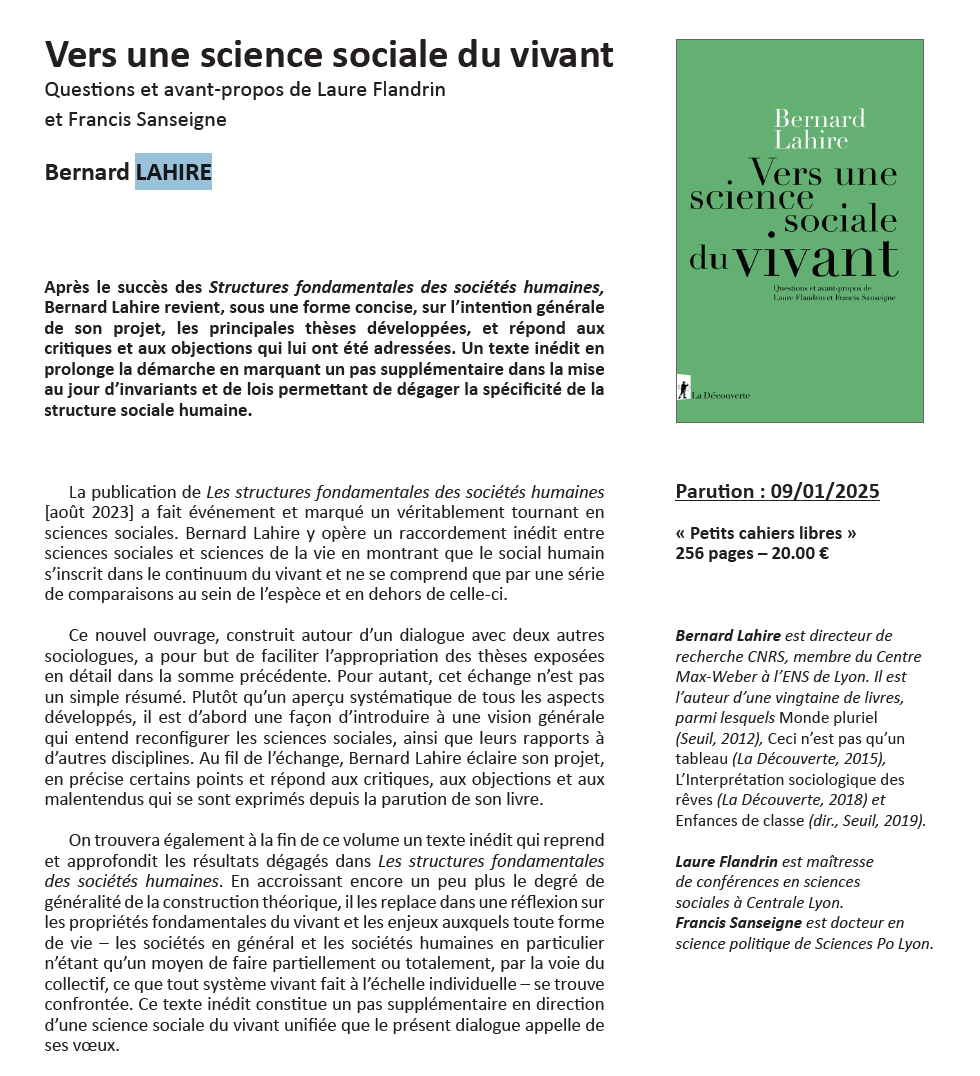 BernardLahire's tweet photo. En librairie le 9 janvier 2025 … "Vers une science sociale du vivant" (@Ed_LaDecouverte). https://t.co/un0mFPzpH3