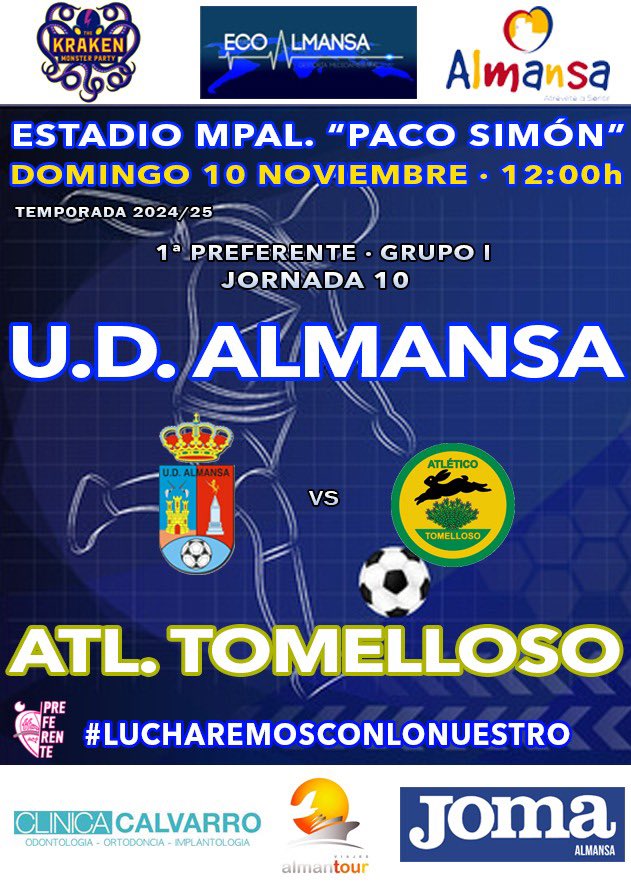 💥PARTIDO EN CASA💥

🏆 JORNADA 10
🆚 <a href="/atltomelloso/">Atlético Tomelloso 💛💚</a> 
🏟️Municipal “Paco Simón “ - Almansa

 📅 DOMINGO 10 de noviembre 
🕕 12:00 horas

⚽️💙🤍⚽️💙🤍⚽️💙🤍⚽️💙🤍

#almansa #unidossomosmásfuertes #siempreazules #azulones #almansaemergencias #ahoraeselmomento #jugamosconlonuestro