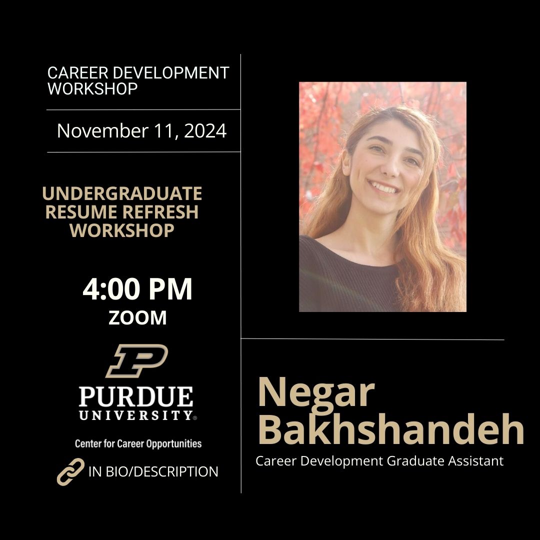 Purdue CCO (@purduecco) on Twitter photo 🚀 Elevate your career journey with our Career Development Workshop Series! 🌟 We're diving into key topics that will set you up for success!✨ #CareerDevelopment #Workshops #ProfessionalGrowth #CareerSuccess #JobReady
Register via the CCO Calendar cco.purdue.edu/Calendar 🚀 Elevate your career journey with our Career Development Workshop Series! 🌟 We're diving into key topics that will set you up for success!✨ #CareerDevelopment #Workshops #ProfessionalGrowth #CareerSuccess #JobReady
Register via the CCO Calendar cco.purdue.edu/Calendar