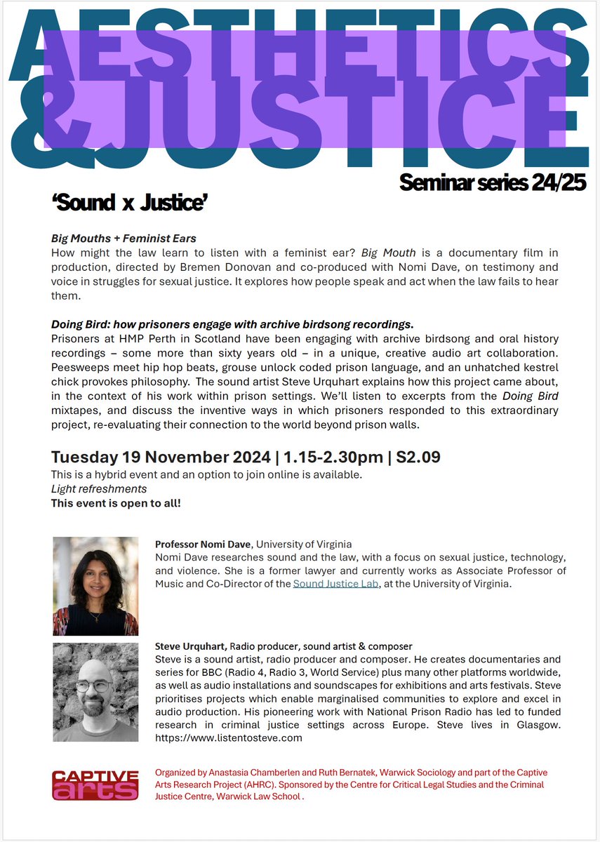 Warwick Sociology (@sociowarwick) on Twitter photo Join us at Warwick on Tuesday 15th of Nov. @ 1.15pm for the 1st Aesthetics & Justice series event, organised with
<a href="/WarwickCJC/">Warwick Criminal Justice Centre</a>, <a href="/WarwickCCLS/">Centre for Critical Legal Studies</a> & the
<a href="/captive_arts/">Captive Arts</a> team (<a href="/RBernatek/">Roo Bernatek</a> <a href="/a_chamberlen/">Anastasia Chamberlen</a> <a href="/fayeclaridge/">Faye Claridge</a>) discussing Sound X Justice. Talks by
<a href="/NomiDave/">Nomi Dave</a> & <a href="/listentosteve/">Steve Urquhart @listentosteve.bsky.social</a>. Details: Join us at Warwick on Tuesday 15th of Nov. @ 1.15pm for the 1st Aesthetics & Justice series event, organised with
<a href="/WarwickCJC/">Warwick Criminal Justice Centre</a>, <a href="/WarwickCCLS/">Centre for Critical Legal Studies</a> & the
<a href="/captive_arts/">Captive Arts</a> team (<a href="/RBernatek/">Roo Bernatek</a> <a href="/a_chamberlen/">Anastasia Chamberlen</a> <a href="/fayeclaridge/">Faye Claridge</a>) discussing Sound X Justice. Talks by
<a href="/NomiDave/">Nomi Dave</a> & <a href="/listentosteve/">Steve Urquhart @listentosteve.bsky.social</a>. Details: