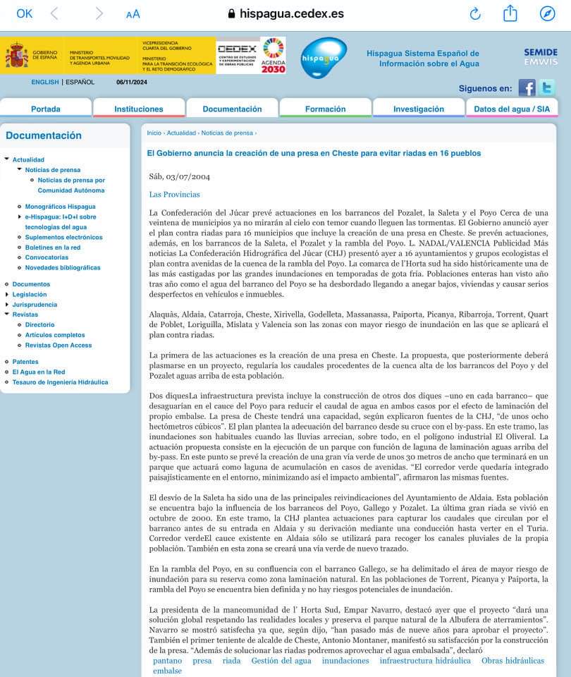En 2004 se iba a construir una presa en Cheste para evitar riadas en 16 pueblos valencianos. ZP no la quiso construir. Lean qué pueblos son.
Saquen sus propias conclusiones.