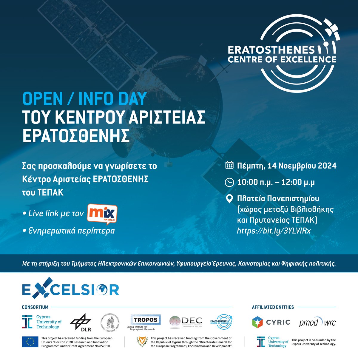 ERATOSTHENES Centre of Excellence (@eratosthenescoe) on Twitter photo 🚀 Σας προσκαλούμε στο Info Day του <a href="/ERATOSTHENESCoE/">ERATOSTHENES Centre of Excellence</a>!
📅 14/10/24
🕙 10:00 π.μ.-12:00 μ.μ.
📍 Πλατεία Πανεπιστημίου, ΤΕΠΑΚ, Λεμεσός
Γνωρίστε το κέντρο μας<a href="/ERATOSTHENESCoE/">ERATOSTHENES Centre of Excellence</a> και την ομάδα μας!
🎙️Live Link με Mix FM και Μ.Πορφυρίου & Χ.Αργυρού
#INFODAY #eratosthenescoe #Excelsior 🚀 Σας προσκαλούμε στο Info Day του <a href="/ERATOSTHENESCoE/">ERATOSTHENES Centre of Excellence</a>!
📅 14/10/24
🕙 10:00 π.μ.-12:00 μ.μ.
📍 Πλατεία Πανεπιστημίου, ΤΕΠΑΚ, Λεμεσός
Γνωρίστε το κέντρο μας<a href="/ERATOSTHENESCoE/">ERATOSTHENES Centre of Excellence</a> και την ομάδα μας!
🎙️Live Link με Mix FM και Μ.Πορφυρίου & Χ.Αργυρού
#INFODAY #eratosthenescoe #Excelsior