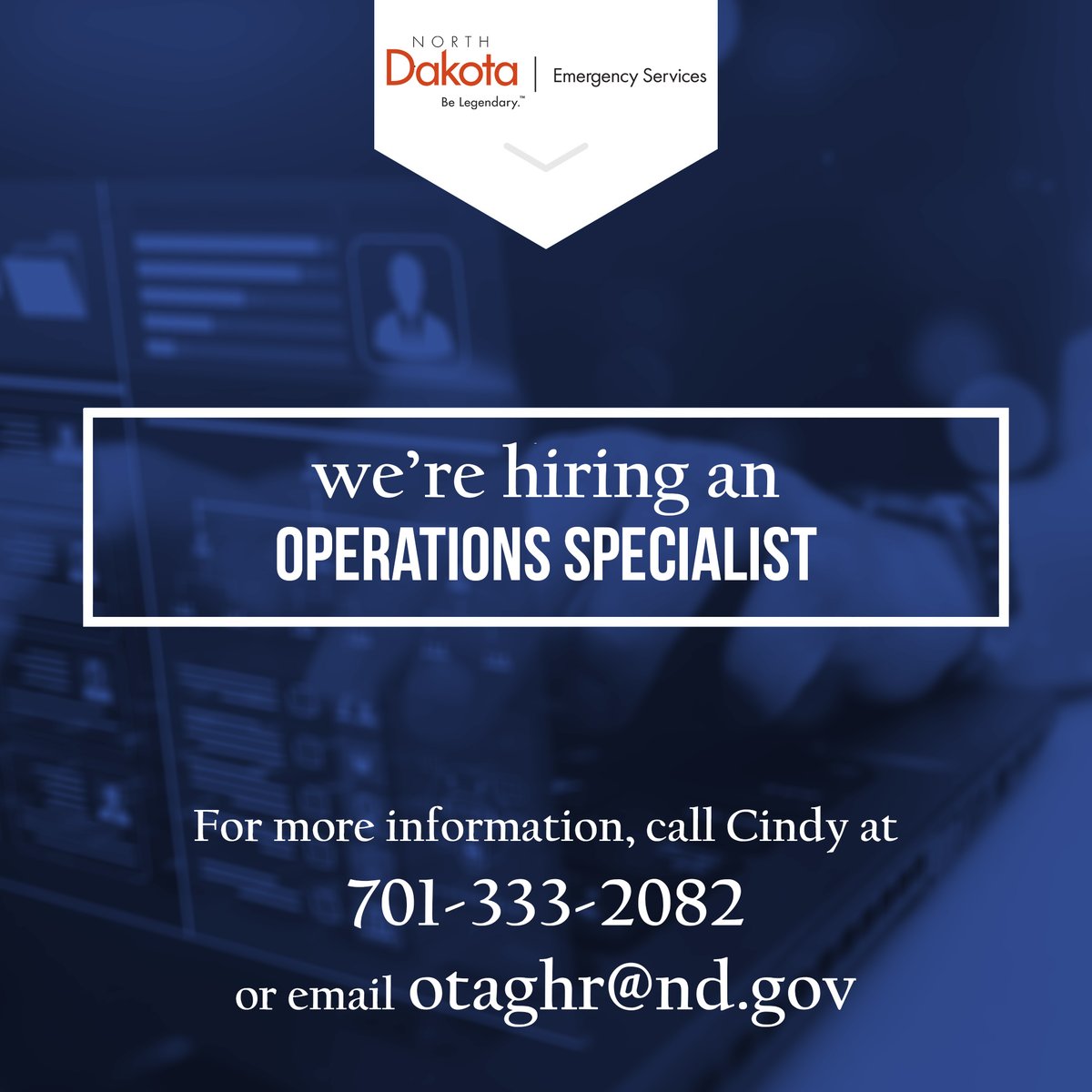 NDDES (@nddes) on Twitter photo Come join our team!
We’re hiring an Operations Specialist to assist with coordination of preparedness and response-related activities with whole community partners.
View des.nd.gov/listing_3029226 for specifics. Come join our team!
We’re hiring an Operations Specialist to assist with coordination of preparedness and response-related activities with whole community partners.
View des.nd.gov/listing_3029226 for specifics.