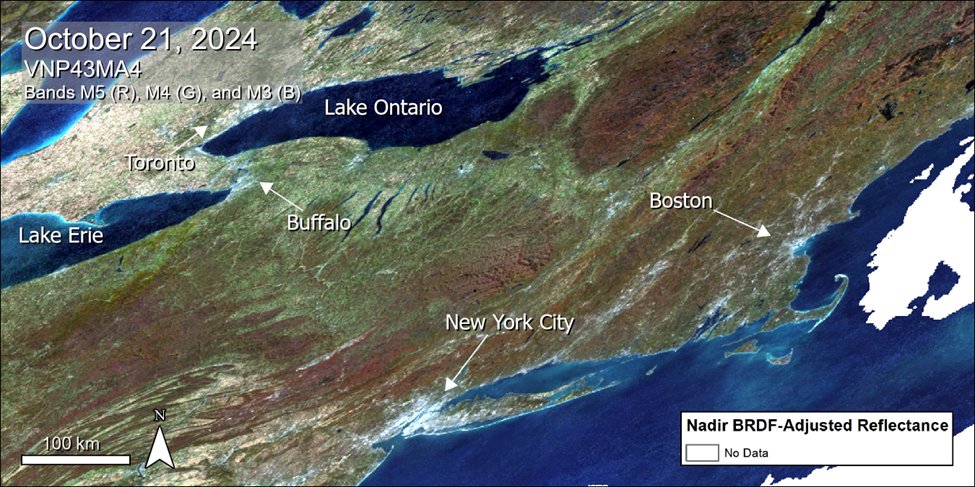 NASAEarthData's tweet image. Now Available: #VIIRS Version 2 Albedo, BRDF, and NBAR Tiled Data Products from the Suomi-NPP and NOAA-20 satellites. This image showcases a natural color composite of eastern North America from the VNP43MA4 product.

➡️Learn more at NASA&apos;s #LPDAAC: go.nasa.gov/48FFv3r