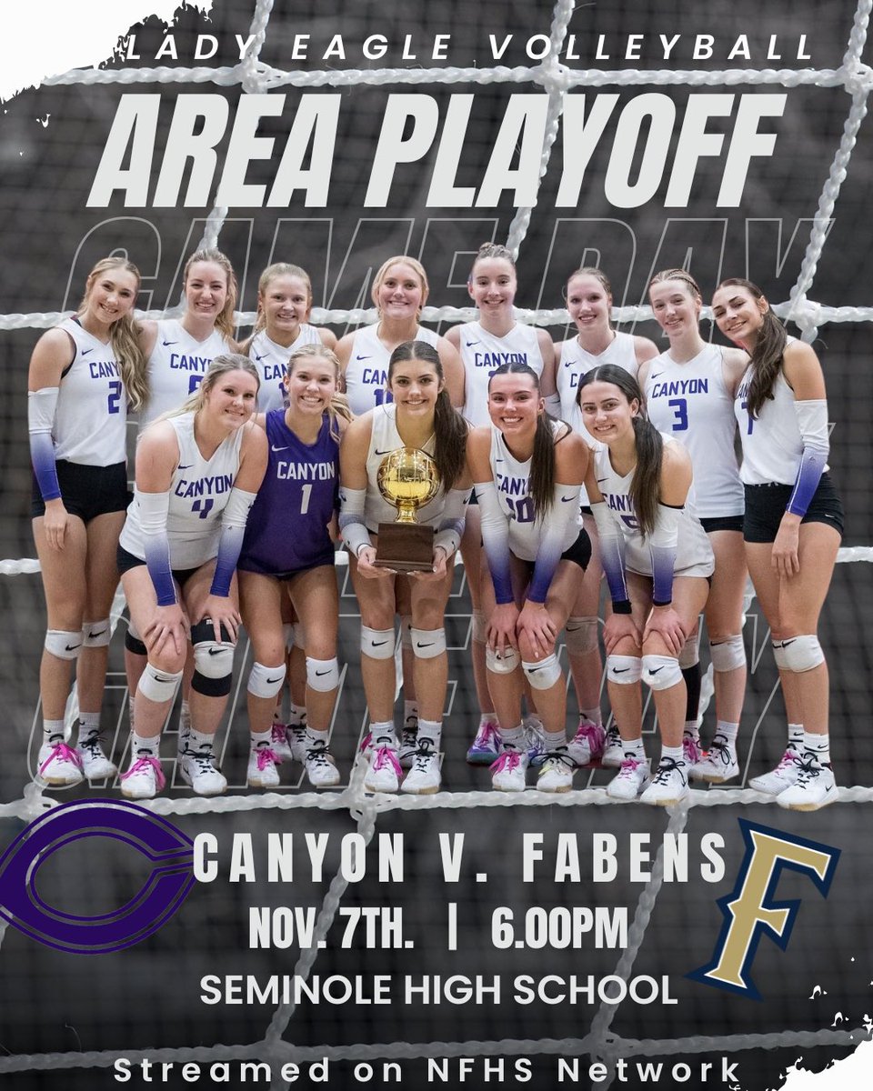 Canyon HS Volleyball (@canyonhsvb) on Twitter photo 🏐AREA GAME DAY🏐
🆚 Fabens
📅 11.07.24
⏰ 6:00 PM
🏟️ Seminole High School
📍 Seminole, Tx
🦅Let’s Go Lady Eagles!🦅
💜Wear your purple!💜
📣We can’t wait to see you there!!
<a href="/CanyonAthDept/">CanyonISDAthletics</a> <a href="/canyon_hs/">Canyon High School</a> <a href="/CanyonISD/">Canyon ISD</a> <a href="/KaleSteed/">Kale Steed</a> <a href="/KAMRNBC4Sports/">KAMR SPORTS</a> <a href="/NC10Sports/">NewsChannel10 Sports</a> <a href="/PressPassSports/">Press Pass Sports</a> 🏐AREA GAME DAY🏐
🆚 Fabens
📅 11.07.24
⏰ 6:00 PM
🏟️ Seminole High School
📍 Seminole, Tx
🦅Let’s Go Lady Eagles!🦅
💜Wear your purple!💜
📣We can’t wait to see you there!!
<a href="/CanyonAthDept/">CanyonISDAthletics</a> <a href="/canyon_hs/">Canyon High School</a> <a href="/CanyonISD/">Canyon ISD</a> <a href="/KaleSteed/">Kale Steed</a> <a href="/KAMRNBC4Sports/">KAMR SPORTS</a> <a href="/NC10Sports/">NewsChannel10 Sports</a> <a href="/PressPassSports/">Press Pass Sports</a>