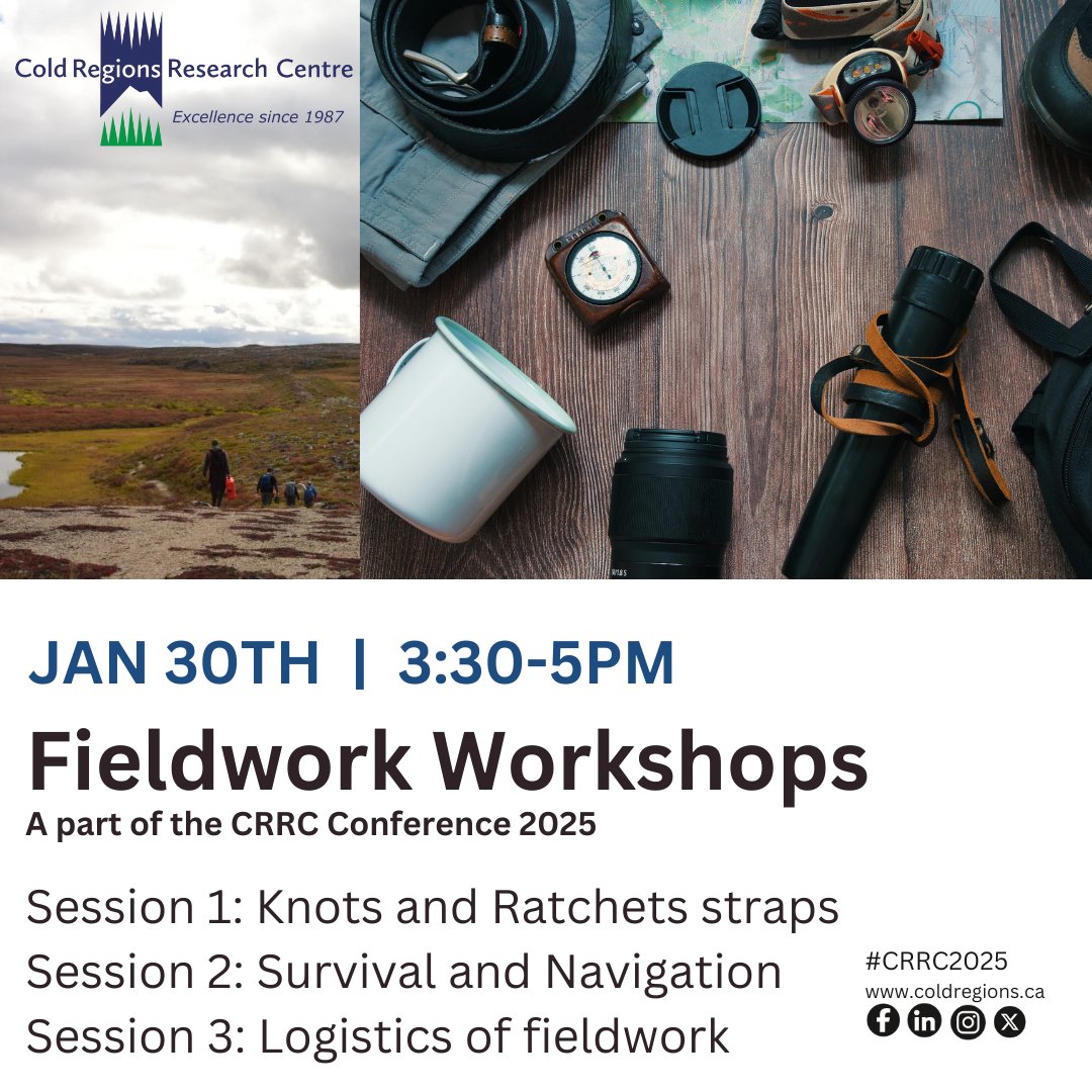 CRRC_WLU's tweet photo. As part of the CRRC Student Conference, a fieldwork workshop will be held on Thursday, January 30th, at 3:30 p.m. ET. The workshop will cover survival, navigation, and logistics of fieldwork, as well as knots and ratchet straps. It is free! Register here -
https://t.co/fB4HK8Xc1i https://t.co/iIPnp2IML2