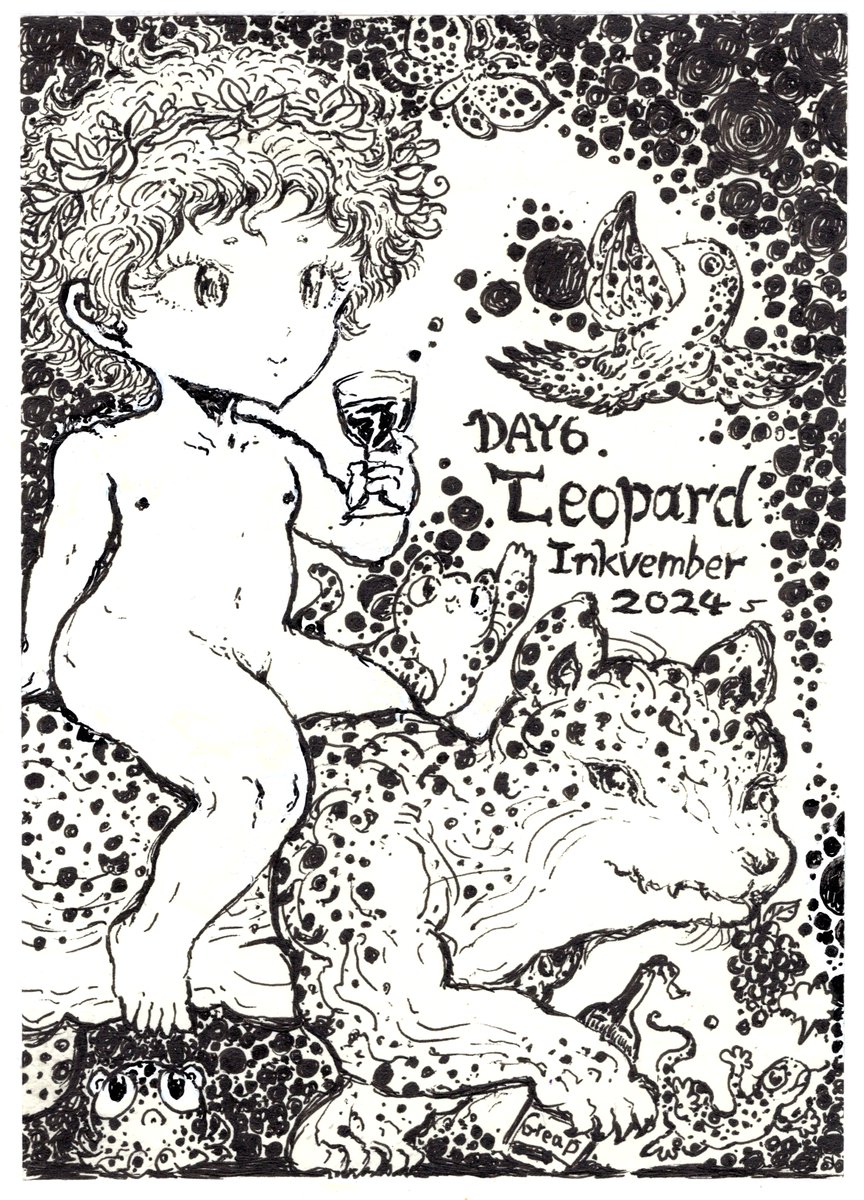 makasaga's tweet photo. ペン画自主練6日目。
今日のお題は『豹(Leopard)』🐅<ガオ~
斑点模様描きたいなぁ~と思って「ヒョウに乗る少年バッカス」やってみました♪
これはワイン、ではなく葡萄ジュースw😁💕
レオパードゲッコーやヒョウモンダコ連れて、秋の恵み的お散歩じゃ~⭐
#落書き #ペン画 #inkvember https://t.co/vITjY8HhN1