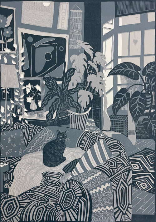 "Morning Light" by Grace Gillespie, UK-based artist specialising in reduction linocuts, hand-crafted in her home-studio in Bristol #WomensArt