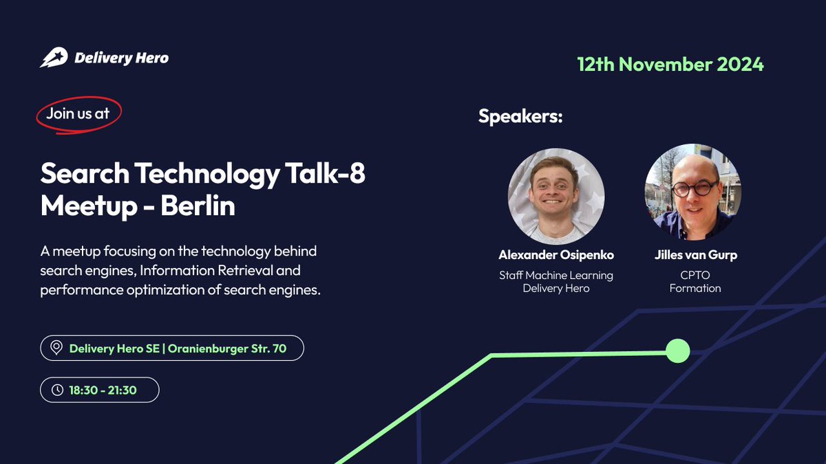 Delivery Hero Tech (@tech_dh) on Twitter photo 🗓️ See you Nov 12 for a Search Technology Meetup at our Hero Campus in Berlin!
🔎 An insightful session with Alexander Osipenko, Machine Learning Engineer at <a href="/deliveryherocom/">Delivery Hero</a>, <a href="/jillesvangurp/">Jilles van Gurp</a>, moderated by <a href="/renekrie/">René Kriegler</a>.
🎟️ Secure your spot here: bit.ly/4ehHxrJ 🗓️ See you Nov 12 for a Search Technology Meetup at our Hero Campus in Berlin!
🔎 An insightful session with Alexander Osipenko, Machine Learning Engineer at <a href="/deliveryherocom/">Delivery Hero</a>, <a href="/jillesvangurp/">Jilles van Gurp</a>, moderated by <a href="/renekrie/">René Kriegler</a>.
🎟️ Secure your spot here: bit.ly/4ehHxrJ