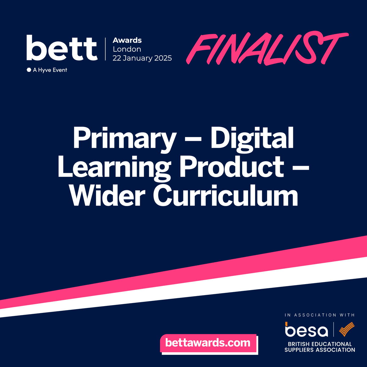 Big News! 📣

We’re thrilled to have been shortlisted for the #BettAwards2025 in: Primary – Digital Learning Product – Wider Curriculum 🎉

Being recognised for our commitment to building a curriculum that supports and empowers teachers means a lot to us.

#BettUK2025