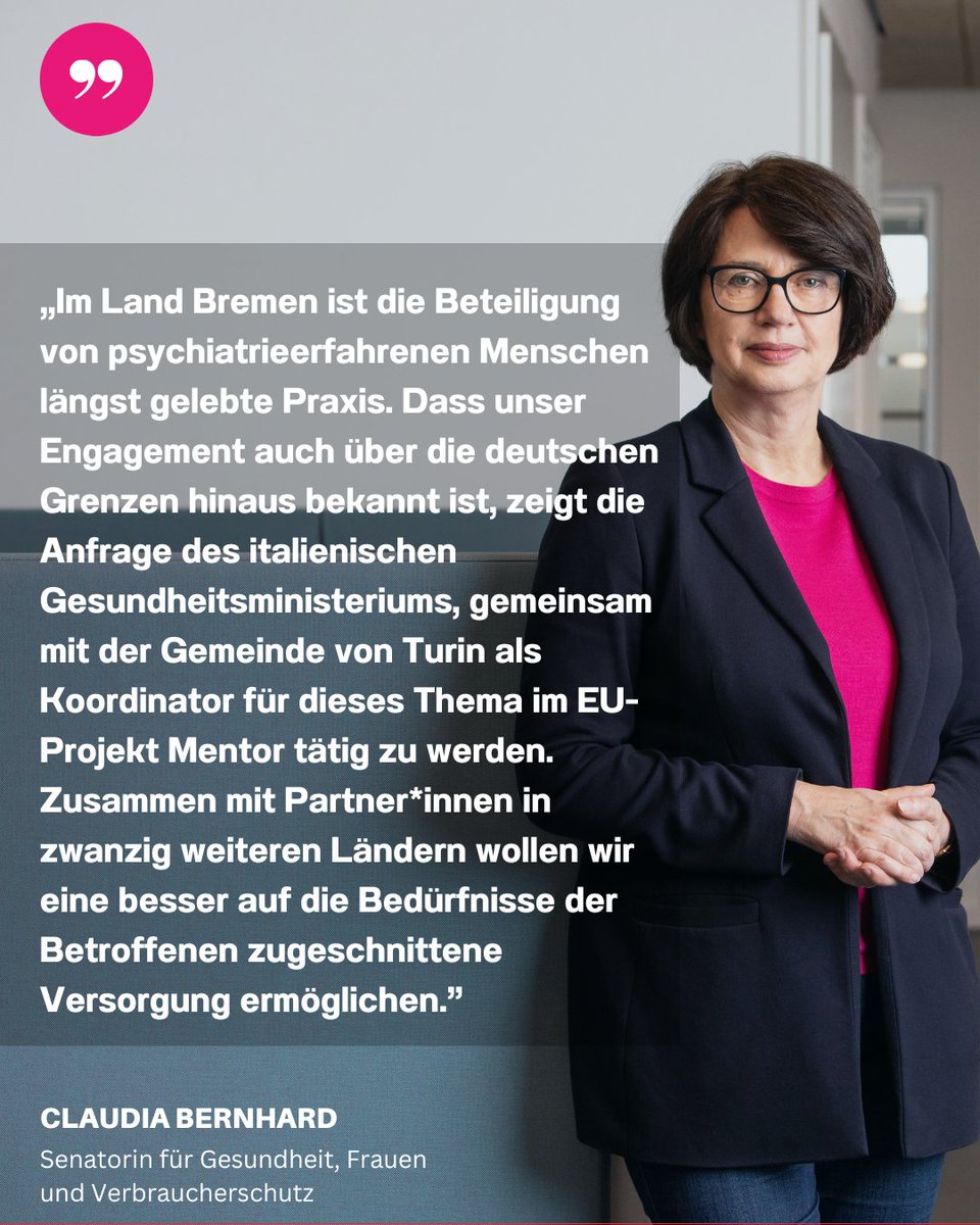 SGFV wird zusammen mit der italienischen Gemeinde Turin die Koordination für ein Arbeitspaket im Rahmen der "Joint Action Mentor" übernehmen. Ziel ist es, die Versorgung von Menschen mit psychischen Störungen europaweit zu verbessern.
senatspressestelle.bremen.de/pressemitteilu…