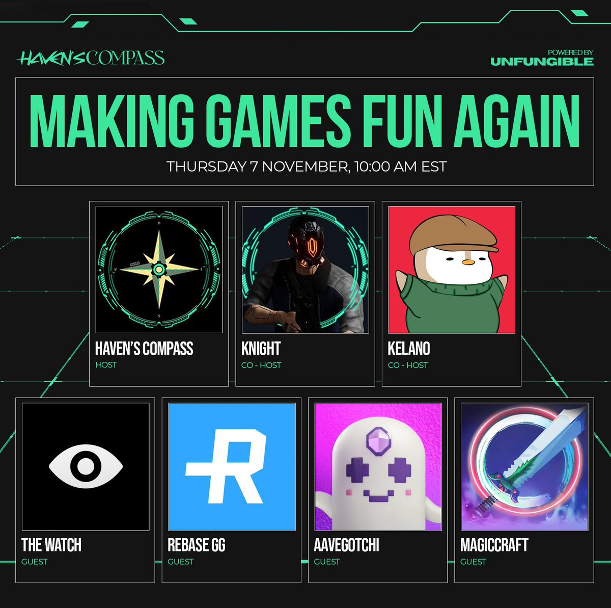 Haven's Compass (@havenscompass) on Twitter photo MAKING GAMES FUN AGAIN
We're thrilled to discuss how games can be truly entertaining again with our special guests from <a href="/TheWatchCom/">THE WATCH</a>, <a href="/REBASEgg/">Rebase</a>, <a href="/aavegotchi/">Aavegotchi ๐ป๐ฆ Now on Base!</a>, and <a href="/MagicCraftGame/">MagicCraft</a>๐ฎ๐น
Set a reminder and join us as we explore fresh and engaging ways to enjoy games! MAKING GAMES FUN AGAIN
We're thrilled to discuss how games can be truly entertaining again with our special guests from <a href="/TheWatchCom/">THE WATCH</a>, <a href="/REBASEgg/">Rebase</a>, <a href="/aavegotchi/">Aavegotchi ๐ป๐ฆ Now on Base!</a>, and <a href="/MagicCraftGame/">MagicCraft</a>๐ฎ๐น
Set a reminder and join us as we explore fresh and engaging ways to enjoy games!