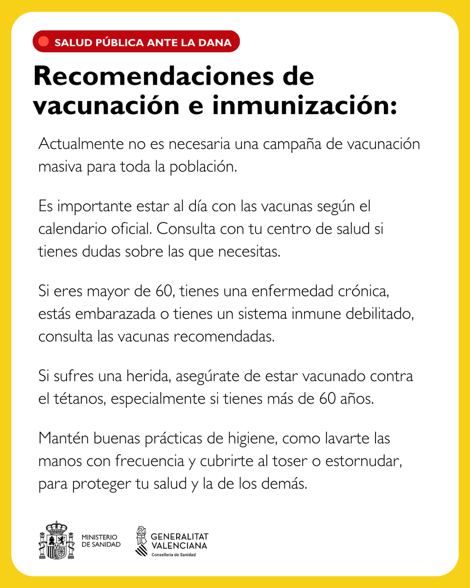 ⚠️ INFORMACIÓN SALUD PÚBLICA

Las inundaciones pueden aumentar el riesgo de enfermedades transmisibles. Se recomienda completar la vacunación del calendario y para grupos de riesgo. El suministro está asegurado para tétanos, hepatitis, triple vírica y varicela