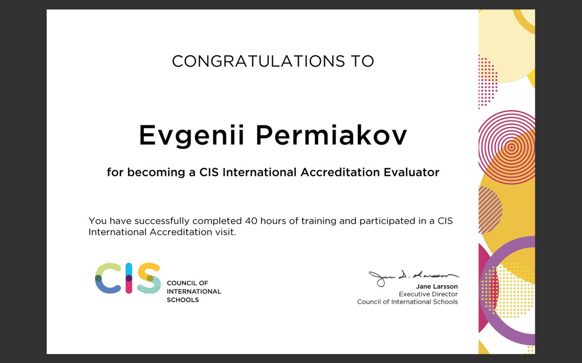 Evgenii Permiakov (@edtechii) on Twitter photo I’m happy to share that I’ve obtained a new certification: CIS International Accreditation Evaluator from <a href="/CISEducation/">Council of International Schools</a>.
Being a CIS Evaluator is an outstanding professional opportunity for anyone seeking growth in the field of international education. I’m happy to share that I’ve obtained a new certification: CIS International Accreditation Evaluator from <a href="/CISEducation/">Council of International Schools</a>.
Being a CIS Evaluator is an outstanding professional opportunity for anyone seeking growth in the field of international education.