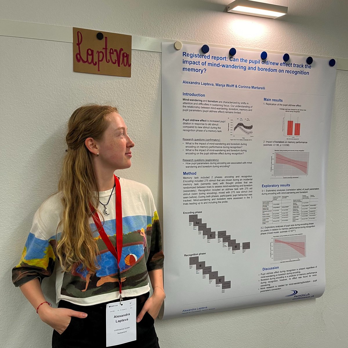 aa_lapteva's tweet photo. I was thrilled to present my poster on ▫️The role of the pupil old/new effect in tracking the effects of mind-wandering and boredom▫️ this past summer at the International Conference on Motivation &amp; Emotion (ICM 2024) at the University of Bern (https://t.co/kBNzykS7Nj) https://t.co/l8ymdIswIj