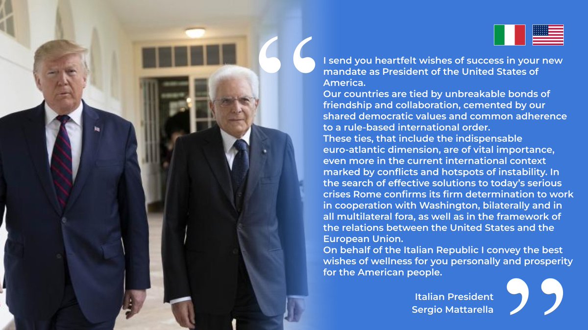 🇮🇹🇺🇸 Message from Italian President Sergio Mattarella to President-elect <a href="/realDonaldTrump/">Donald J. Trump</a>