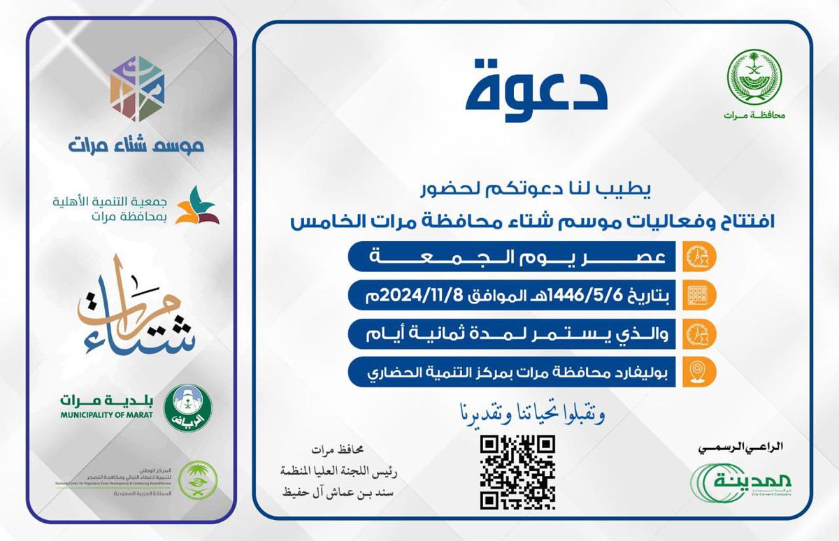 فعاليات شتاء مرات ومهرجان التمور تنطلق بعد غد ان شاء الله في محفل وكرنفال يفوق الخيال لايفوتكم .. ولأن خلف هذا الحدث رِجال نذروا أنفسهم ووقتهم وجُهدهم بحيث يظهر هذا الحدث المُنتظر بالمظهر اللائق .. سِر النجاح بدأ منذ انتهاء المهرجان الرابع العام الماضي بإرسال استبانات تقييم الحدث