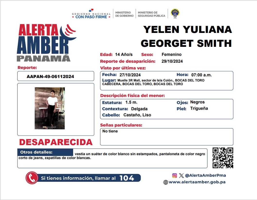 PGN_PANAMA's tweet photo. 🔴Cumpliendo con los parámetros establecidos en la Ley 230 del 24 de junio de 2021, se procede a la activación de la @AlertaAmberPma por la joven YELEN YULIANA GEORGET SMITH, y en consecuencia se solicita la colaboración de la ciudadanía. 

#ReportaAl104 @MinSegPma  @MinGobPma https://t.co/GyXKIVszSD