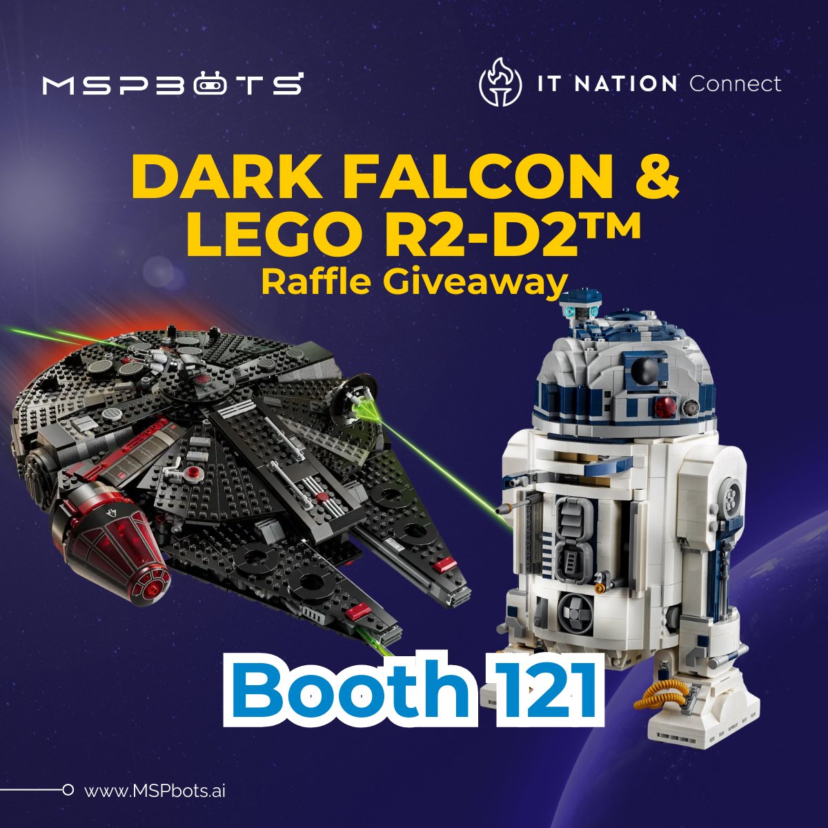 mspbots's tweet photo. Win amazing prizes on our giveaway and discover innovative MSP solutions! Visit booth #121 for a chance to win a DARK FALCON or LEGO R2-D2™!

🗓️ Drawings:
Thurs, Nov. 7 at 6:30pm
Fri, Nov. 8 at 1:00pm

Entry cut-off: 10 mins before
🎟️ Booth scan = 1 ticket
📅 Demo = 5 tickets https://t.co/vrA8LHrkQN