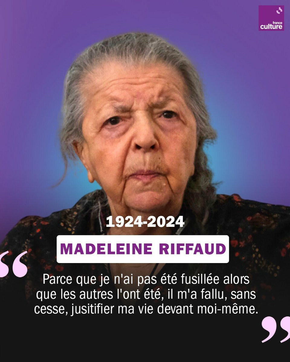 Madeleine Riffaud, héroïne de la Résistance, est morte. Elle avait 100 ans. 

Journaliste, militante anticolonialiste, grand-reporter de guerre, poétesse… elle fut une femme d'exception qui n'eut de cesse de faire vivre les luttes.

➡️ l.franceculture.fr/C30
