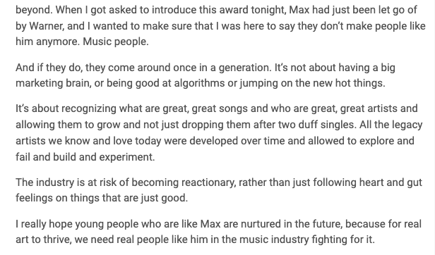 Ed Sheeran last night on how there's few "music people" left in the music business. We're forgetting the point of all this.