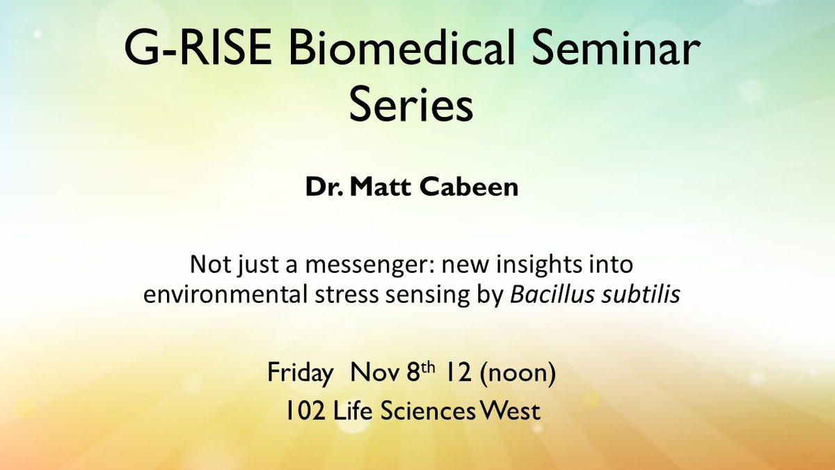 Please join us for our next event this Friday at noon when Dr. Matt Cabeen presents his seminar entitled "Not just a messenger: new insights into environmental stress sensing by Bacillus subtilis". <a href="/okstate/">Oklahoma State Univ.</a> <a href="/CabeenLab/">Cabeen Lab</a> <a href="/okstategc/">OSU Graduate College</a> <a href="/osumicrobiology/">Okstate Microbiology</a> @NIGMS