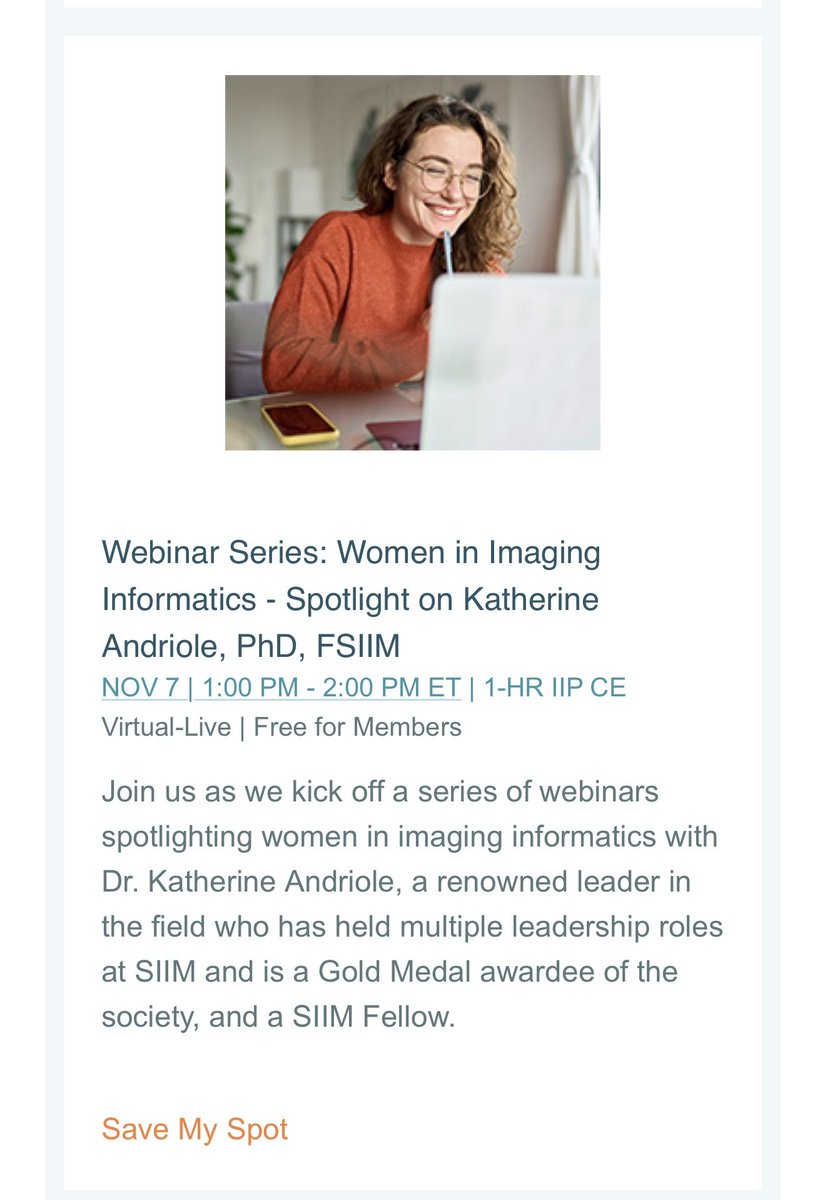 You can't afford to miss <a href="/SIIM_Tweets/">SIIM</a> inaugural Women in Imaging Informatics webinar Thursday November 7th. Dr. Andriole will be sharing some deep industry insights. Questions welcome. All are welcome!