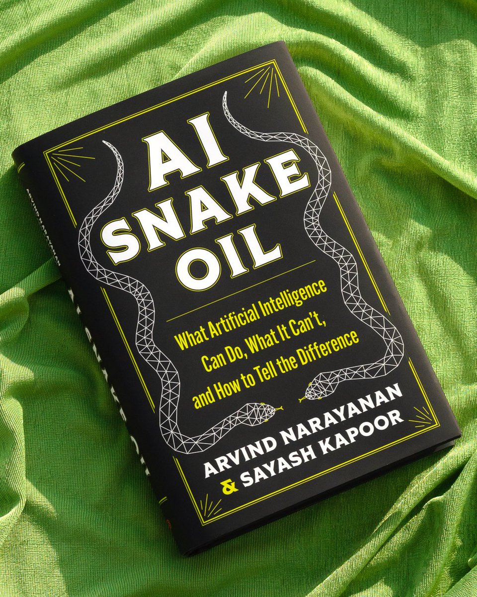 PrincetonUPress's tweet photo. From @random_walker &amp; @sayashk, AI Snake Oil gives you an essential understanding of how AI works and why it often doesn’t—and when you should suspect that companies are using #AI hype to sell AI snake oil.

Enter to win 1 of 10 free copies @goodreads:
https://t.co/u7LeKJSHGm https://t.co/znKmHgYkFU
