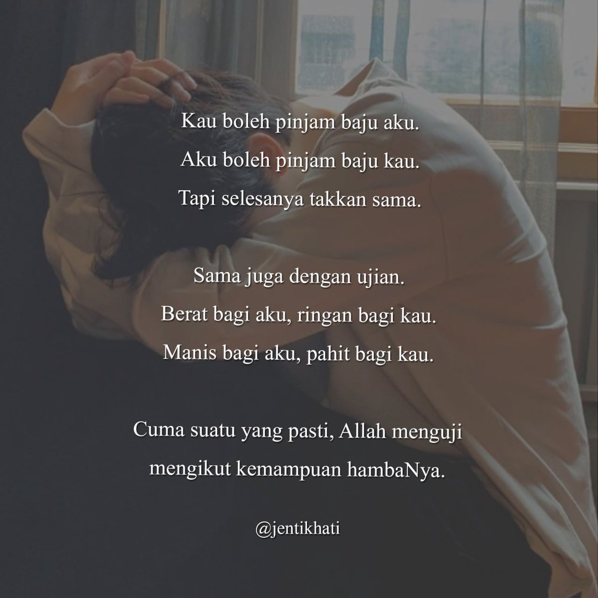 jentikhati's tweet photo. Setiap orang melalui pengalaman dan masa silam yang berbeza.

Mengapa?

Sebab kasih sayang Tuhan itu ditunjukkan dalam pelbagai cara.

Antaranya adalah dengan ujian. Setiap yang diuji itu adalah sesuai dengan tahap kemampuan hambaNya. https://t.co/IuiQbJhAJM