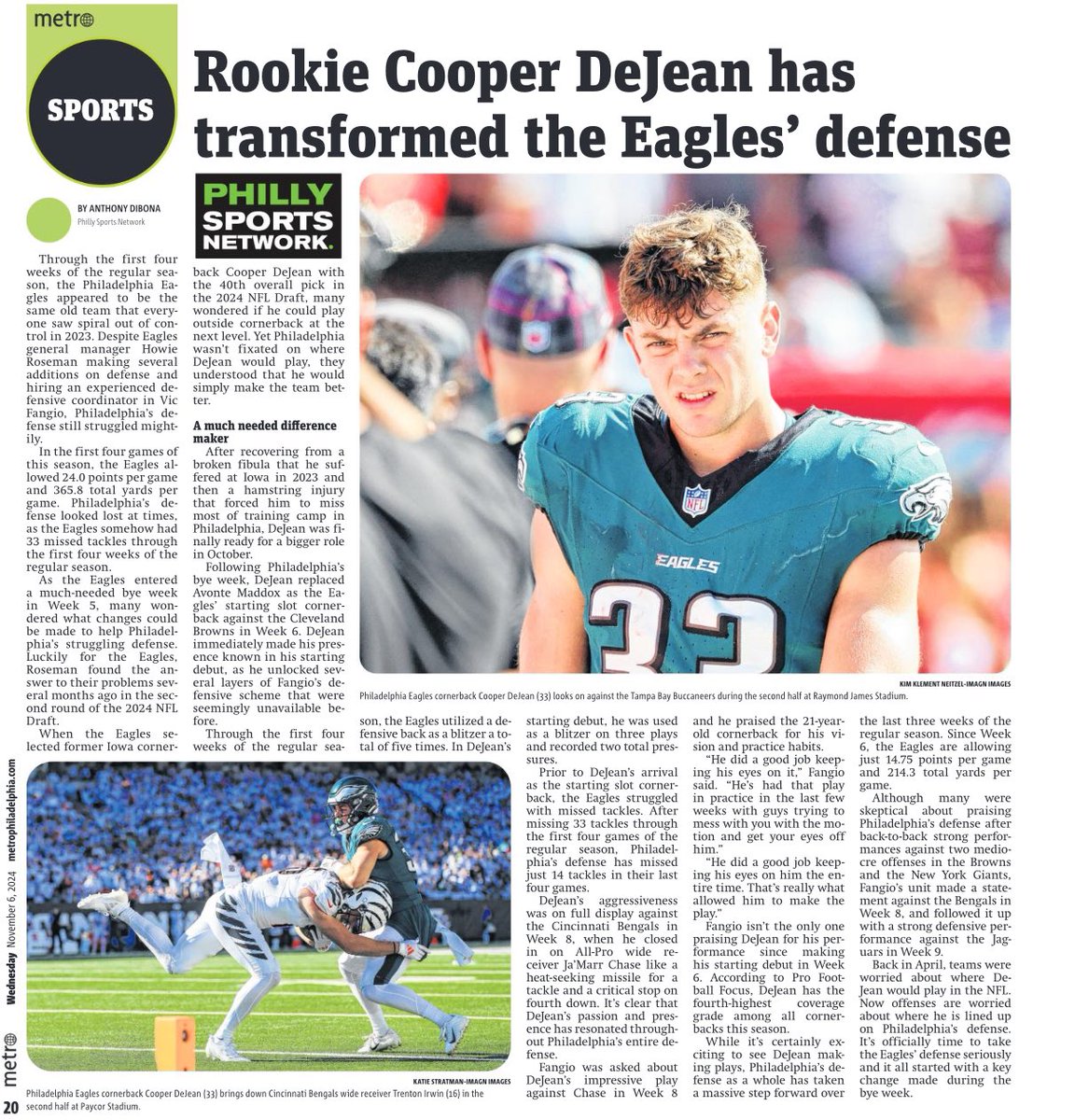 DiBonaNFL's tweet photo. I woke up to some big news regarding my recent work for @PhiladelphiaSN. 👀

My latest article on Eagles rookie CB Cooper DeJean and how he has transformed Philadelphia’s defense since the bye week is in today’s edition of @MetroPhilly! ⬇️ https://t.co/QVgqDDK3Vq