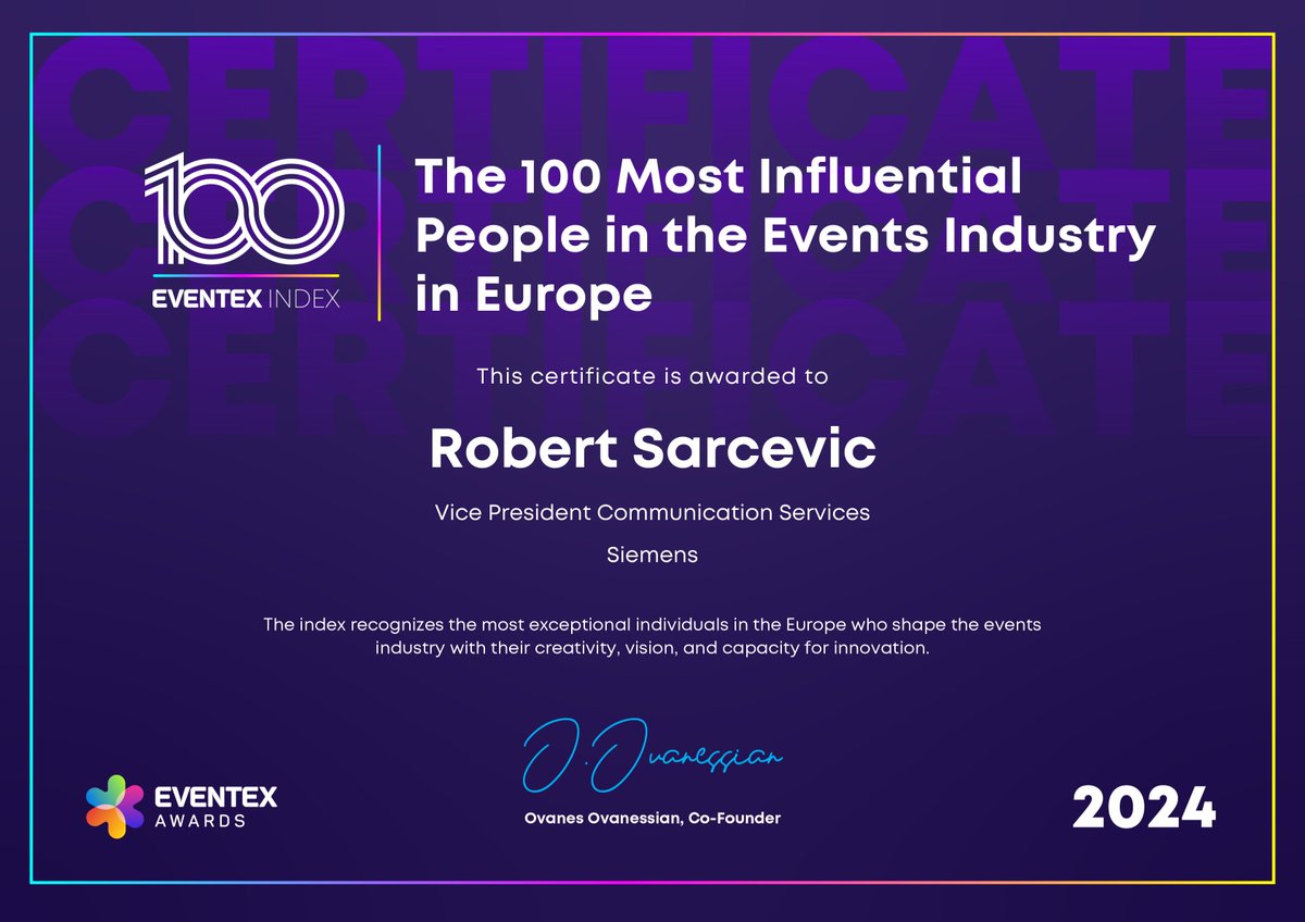 Wow...
I'm surprised and honored to have been chosen as one of "The 100 Most Influential People in the Events Industry in Europe"! 🏆
Thanks to all supporters + Congratulations to all other winners!
<a href="/eventexco/">Eventex</a> #EventProfs #Eventex #MIPPL  #EventIndustryInfluencers #SiemensEvents
