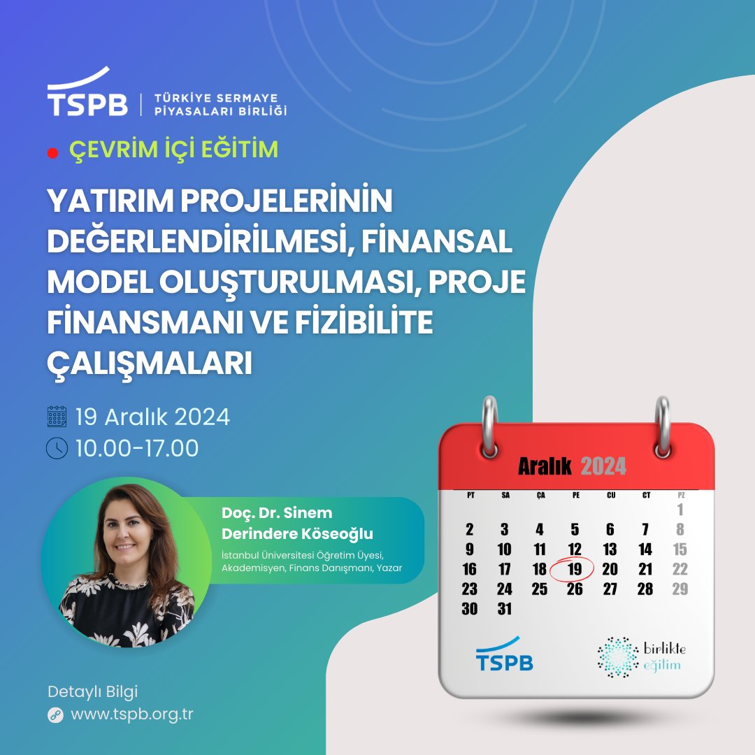tspborgtr's tweet photo. “Yatırım Projelerinin Değerlendirilmesi, Finansal Model Oluşturulması, Proje Finansmanı ve Fizibilite Çalışmaları” eğitimimize davetlisiniz.

🗓 Eğitim Tarihi: 19 Aralık 2024 | 10.00-17.00
📎Başvuru ve Detaylı Bilgi: https://t.co/092Zj4m68P

#TSPB #eğitim #meslekieğitim #ekonomi #yatırım #yatırımprojeleri