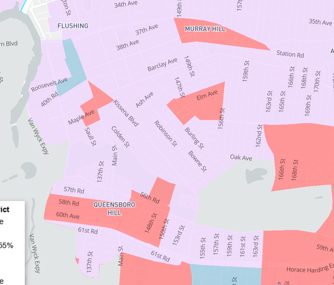 BobaCyclist's tweet photo. Oof, looking at Queens 2020 vs 2024— just look at the numbers the Republicans picked up in downtown Flushing. Murray Hill (50% Asian, 20% Latino) went red, which wasn’t the case in 2020, and never is. 
That little bit of blue remaining in 2024? The Bland Houses. https://t.co/tzPB9RNvap