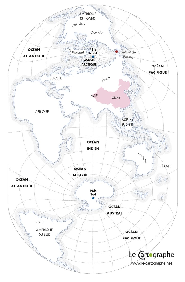 Voici la projection que les Chinois ont adoptée depuis quelques années. Centrée sur l'Himalaya, la Chine à mi chemin entre les deux pôles. La Chine centre du monde, pays du 3ème pôle. Les États-Unis loin de ce centre. Une carte de Hao Xiaoguang. A lire : geoconfluences.ens-lyon.fr/informations-s…